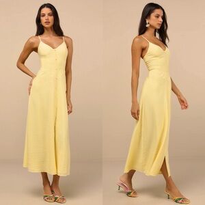 LULUS Butter Yellow Button Front Sleeveless Princesscore Soft Girl Midi Dress M